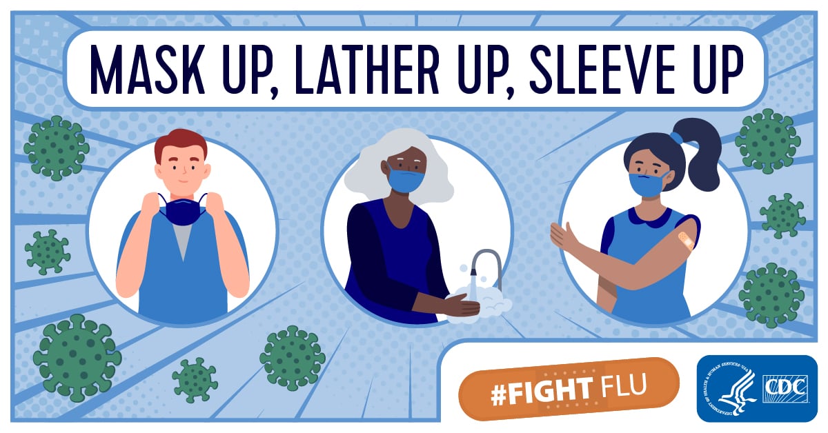 Mask Up, Lather Up, Sleeve Up Flu Vaccine Promotional Graphic
