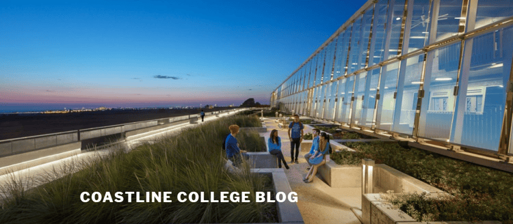 coastline blog masthead - group of students sitting outside newport beach campus at dusk, newport beach coast in the background