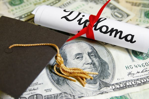 small graduation hat and rolled diploma sitting on top of hundred dollar bills